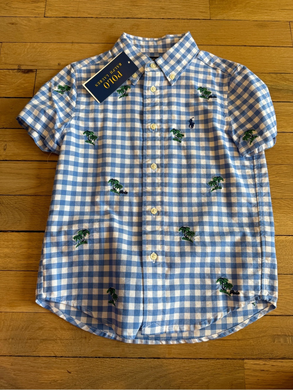 Polo Ralph Lauren Blue Gingham Palm Tree Embroidered Button-Down Shirt